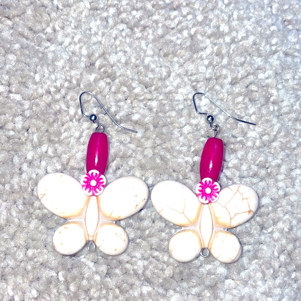 New handmade butterfly stone earrings with wood beads 2inches
